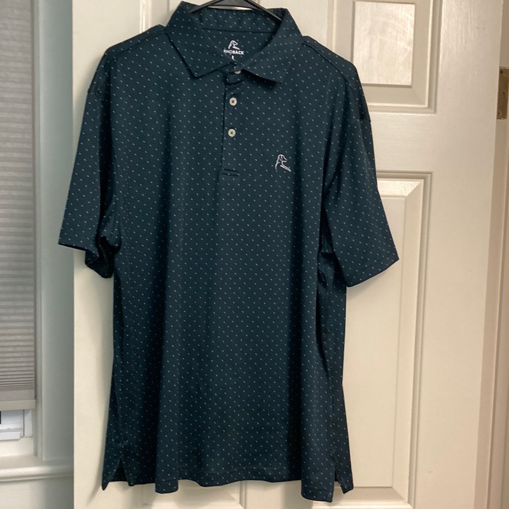 Rhoback Men’s Large Forest Green Short Sleeve Polo with white square dots